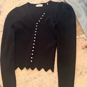 Sandro Black Ribbed V-Neck Cardigan with Pearl Buttons